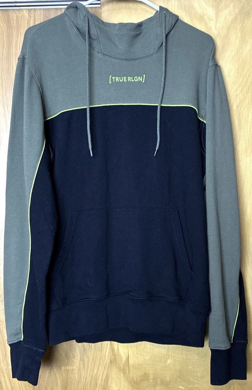 True Religion Hoodie Sz M Gray Navy Blue Pullover Fleece Logo Kangaroo Pocket